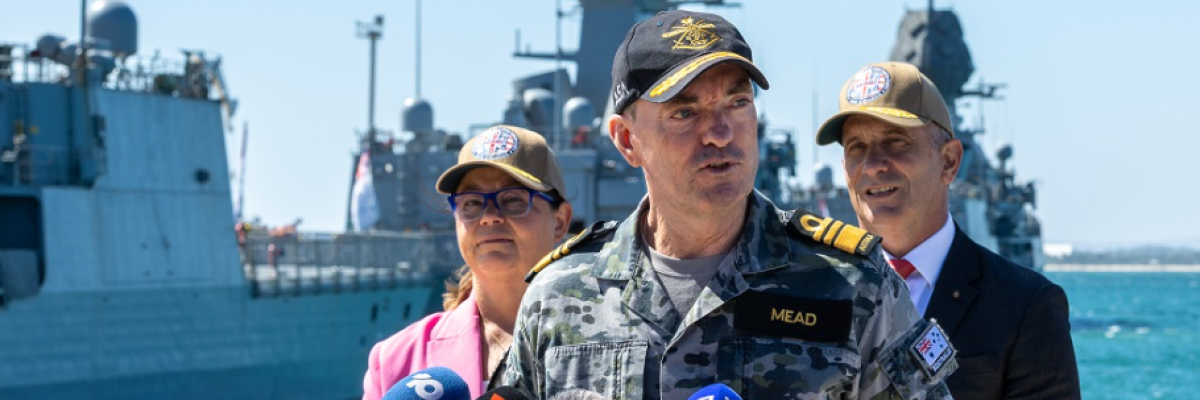 VADM Jonathan Mead AO RAN, Director-General, Australian Submarine Agency, (front) conducts a press conference at HMAS Stirling, WA