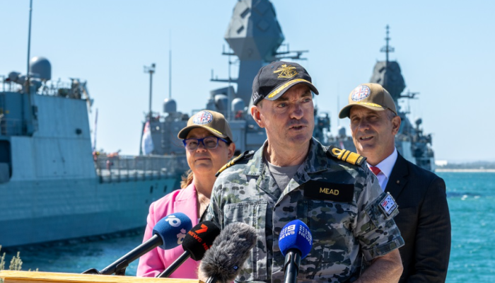 VADM Jonathan Mead AO RAN, Director-General, Australian Submarine Agency, (front) conducts a press conference at HMAS Stirling, WA