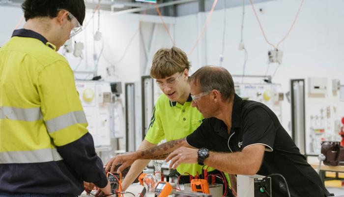 Electrical training apprentices with lecturer at South Metropolitan TAFE Armadale campus