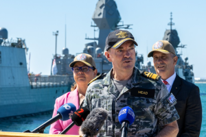 VADM Jonathan Mead AO RAN, Director-General, Australian Submarine Agency, (front) conducts a press conference at HMAS Stirling, WA