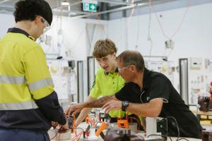 Electrical training apprentices with lecturer at South Metropolitan TAFE Armadale campus